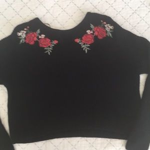 Barely Worn Black Ribbed Sweater w Rose Appliqué